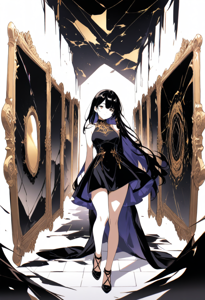 A split-personality girl with half-normal half-shadow appearance, one eye golden one eye void black, monochrome dress in a mirror-shattered hallway