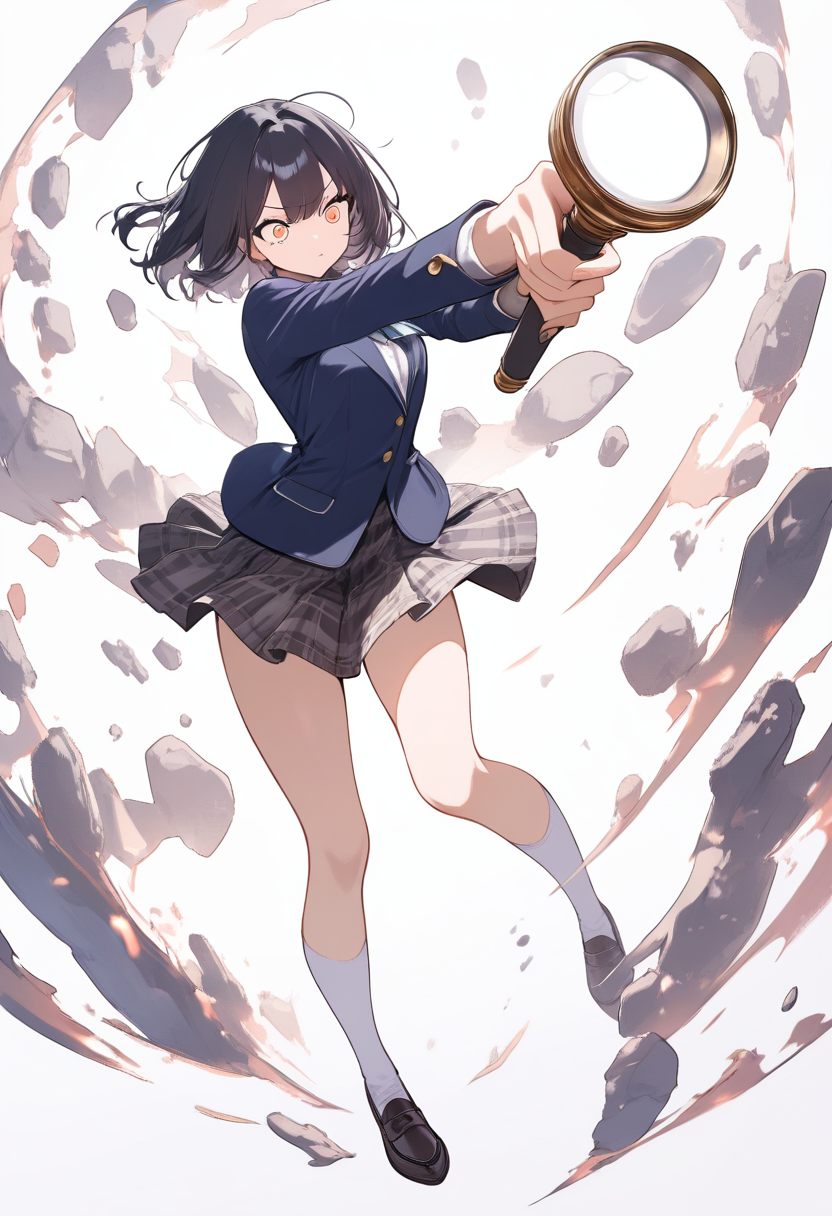 An ultimate detective in dark blue blazer school uniform with plaid skirt, holding a magnifying glass, sharp analytical eyes