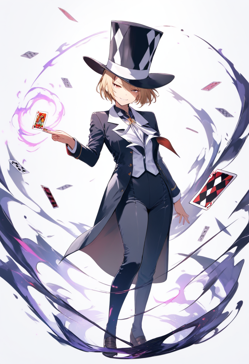 An ultimate gambler in elegant school uniform with top hat, playing cards in hand, sly smile with mysterious aura