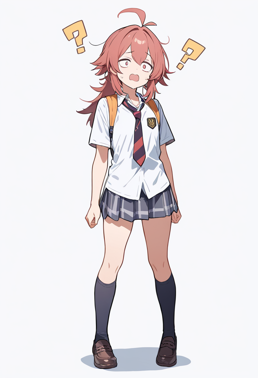 An ultimate lucky student in messy school uniform, ahoge hair antenna, average build with a confused expression