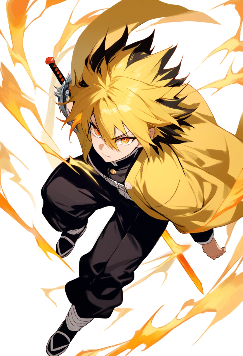 A thunder breathing user with spiky yellow hair and black streaks, crouching sprint pose, nichirin sword crackling with lightning