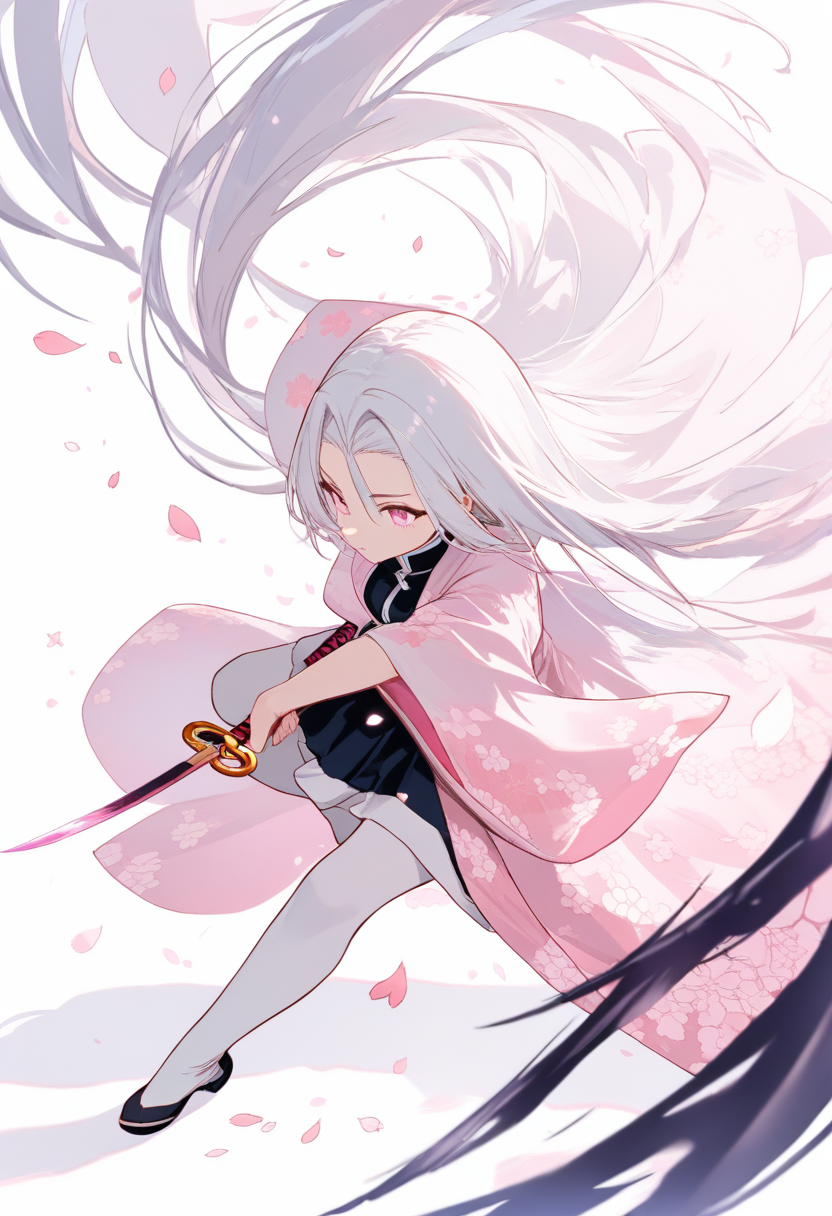 A hashira with long silver hair, white and pink floral haori, love breathing pose with nichirin blade, cherry blossom petals