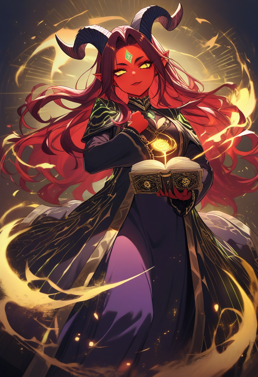 A tiefling warlock with crimson skin, spiraling black horns, glowing green eldritch energy swirling around her hands, dark velvet robes, ancient tome