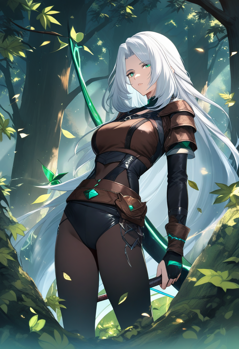 An elven ranger with long silver hair, emerald eyes, leather armor adorned with leaves, longbow drawn, standing in a misty ancient forest