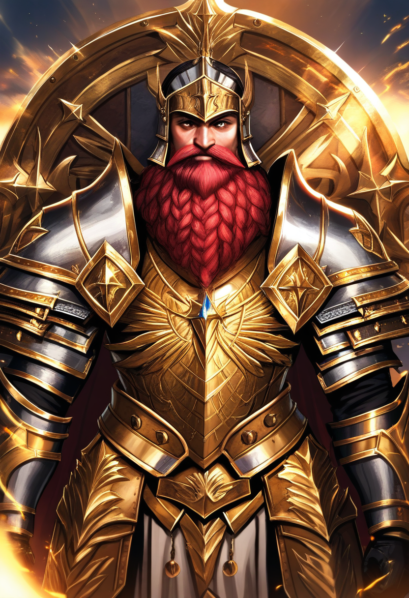 A stout dwarf paladin in gleaming gold and silver plate armor, massive warhammer, braided red beard, holy symbol glowing on shield