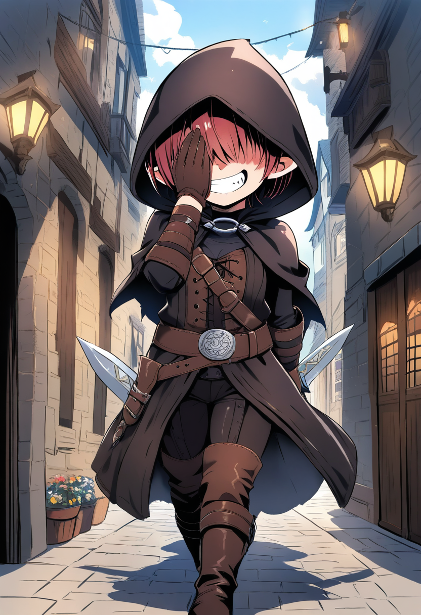 A halfling rogue in dark leather, twin daggers, mischievous grin, hood half-covering face, shadows and moonlight in a cobblestone alley