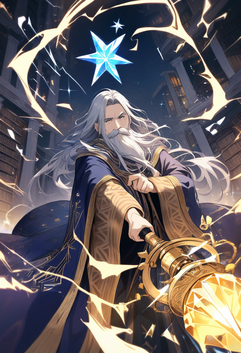 A human wizard with a long grey beard, deep blue star-patterned robes, crystal staff crackling with lightning, ancient library setting