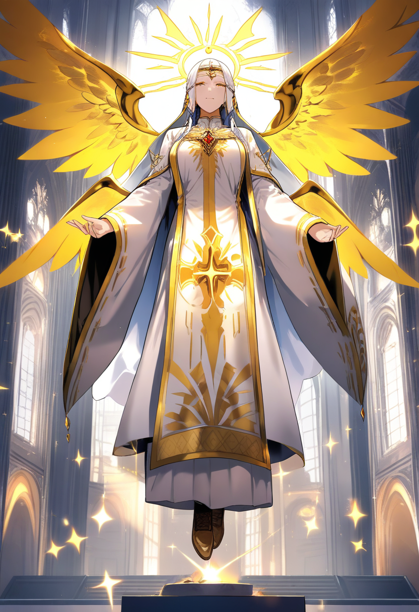 An aasimar cleric with radiant golden wings, white and gold vestments, glowing halo, divine healing light emanating from outstretched hands, cathedral