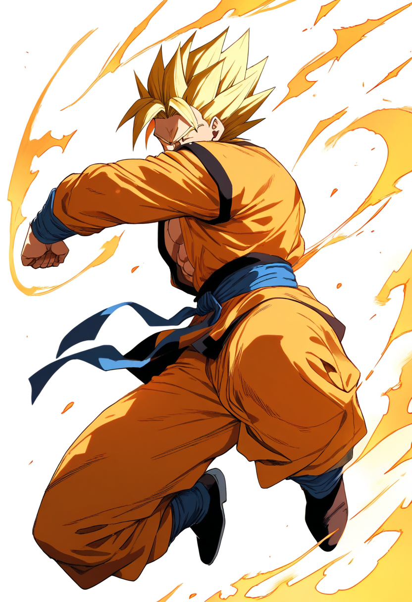 A super saiyan warrior with spiky golden hair, orange gi with blue belt, muscular build, powering up in a fighting stance with energy aura