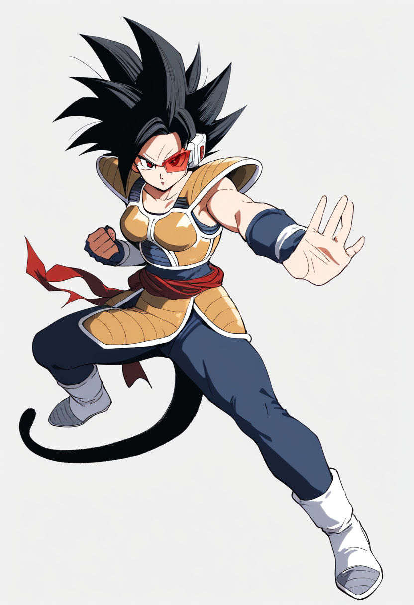A female saiyan warrior with long black hair, red scouter, dark battle armor, tail wrapped around waist, arms crossed confidently