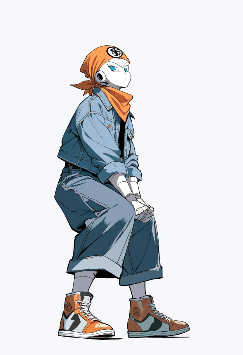 An android girl with short blue hair, denim jacket over striped shirt, blue eyes and a confident smile