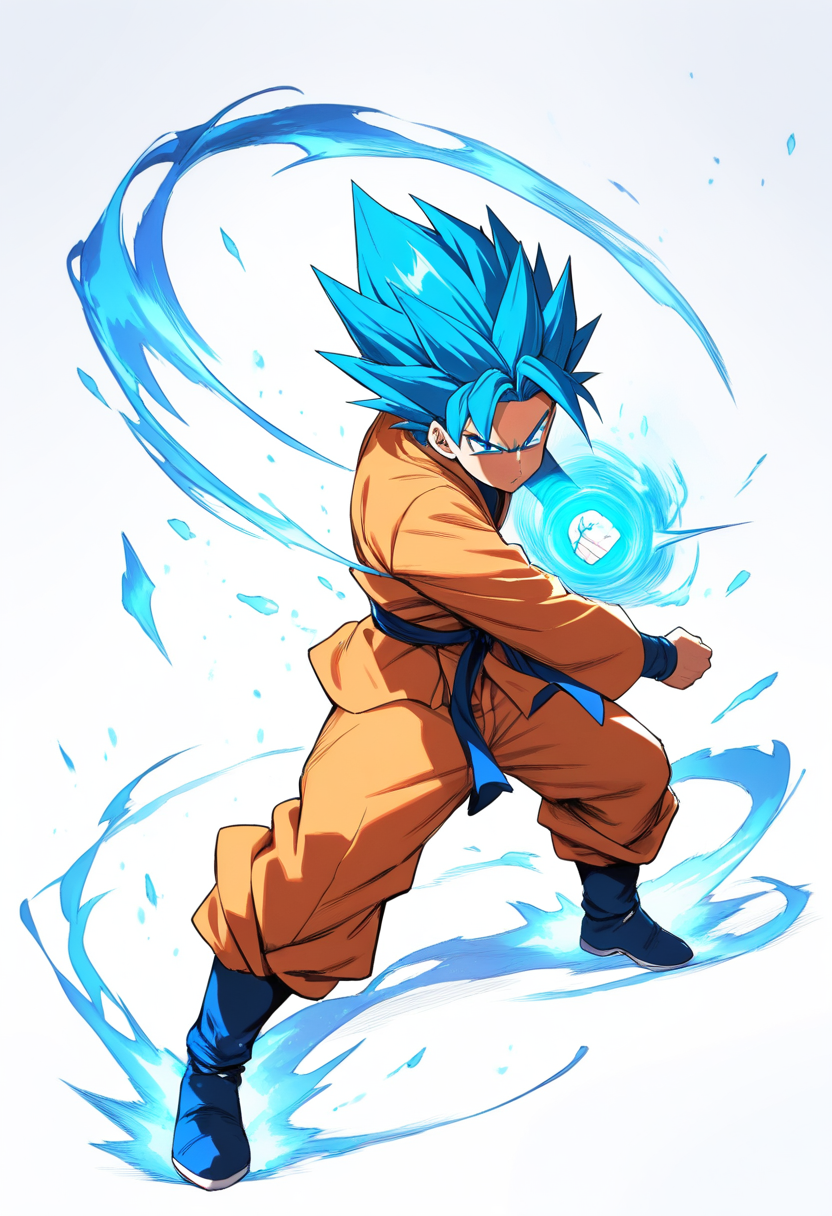 A super saiyan blue warrior with spiky blue hair and blue aura, wearing orange gi, powering up with determined expression