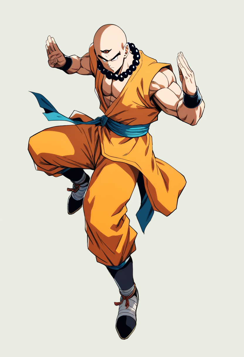 A martial artist with bald head and third eye, wearing green changshan and white pants in a meditation pose