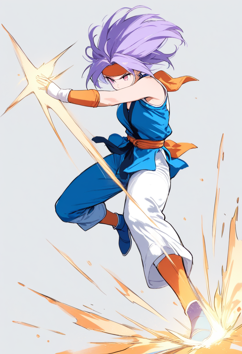A half-saiyan girl with short purple hair, orange bandana, blue fighting gi, charging a ki blast in action pose