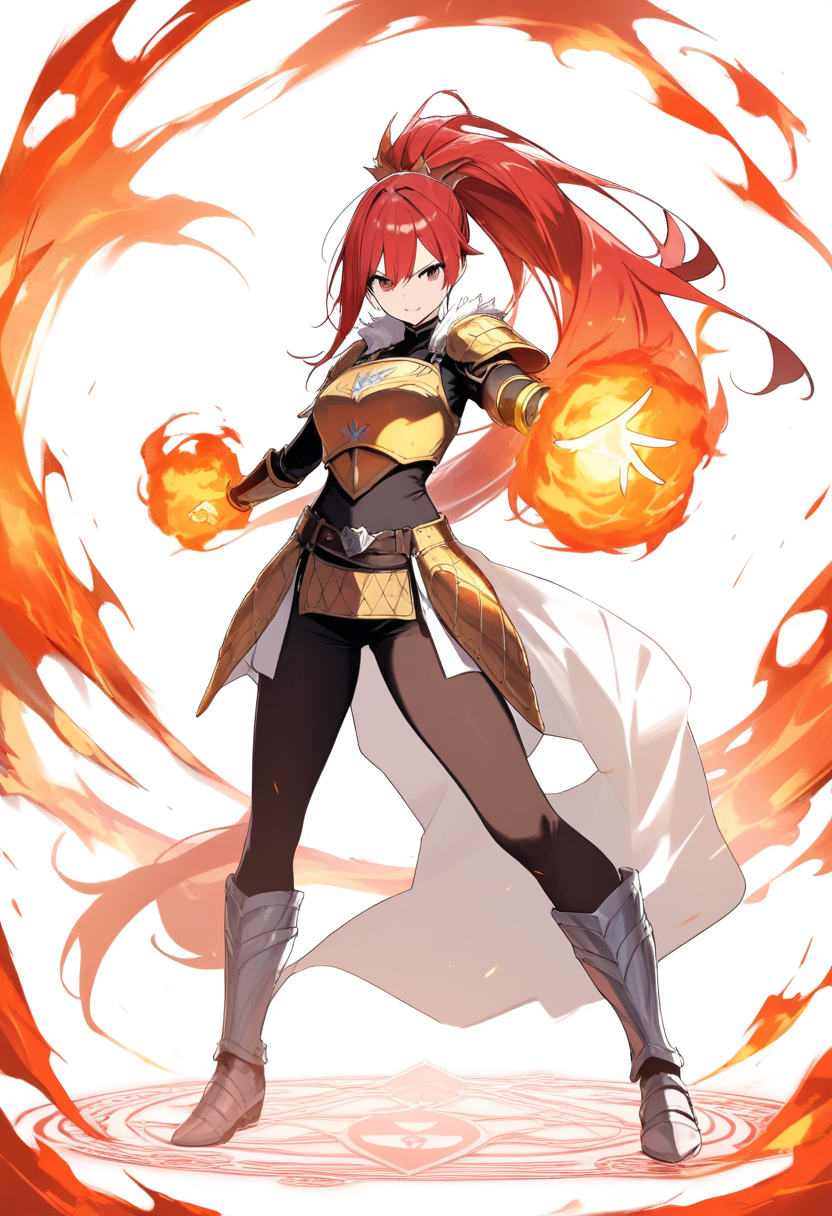 A fire dragon slayer with guild mark on hand, flaming fists, long scarlet hair and armor chest plate, confident battle pose
