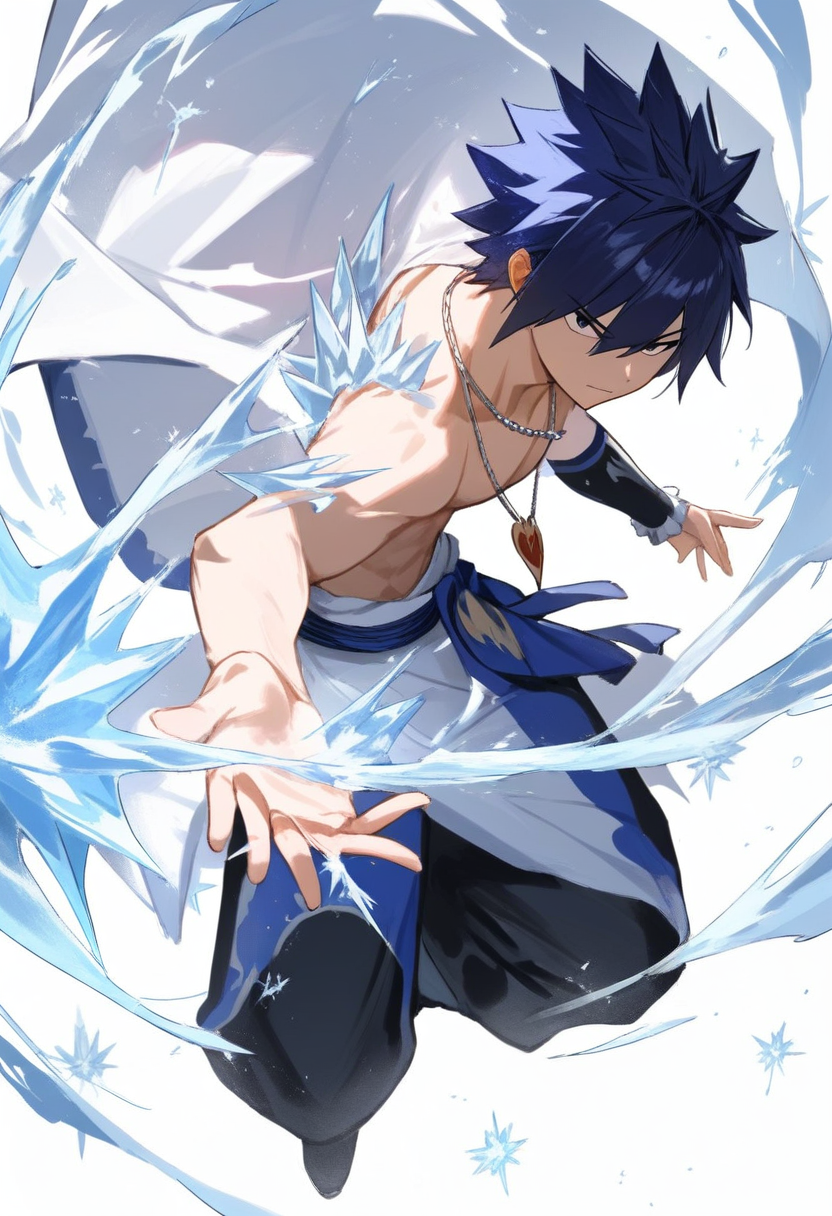 An ice make mage with guild mark on shoulder, ice crystals forming, spiky dark blue hair, shirtless with necklace, casting pose