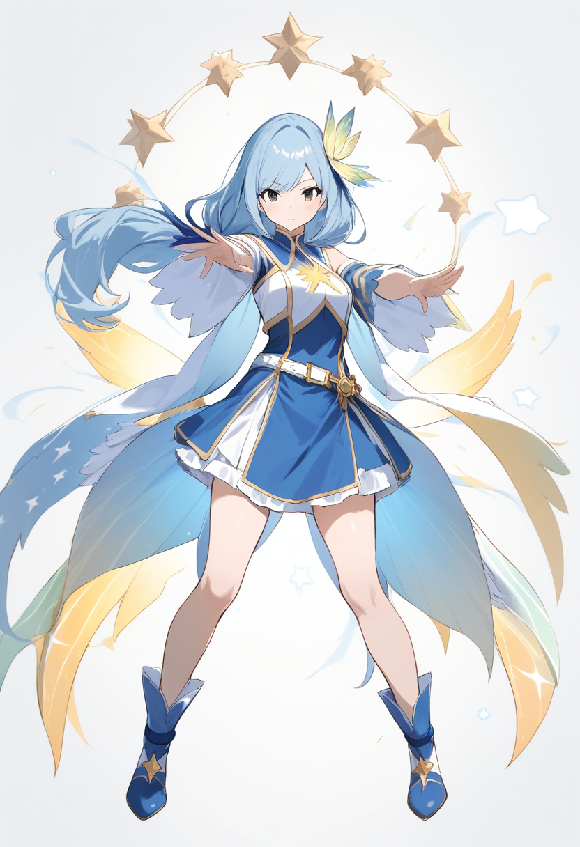 A celestial spirit mage with golden zodiac keys on belt, starry dress, long blonde hair with ribbon, summoning pose with magic circle