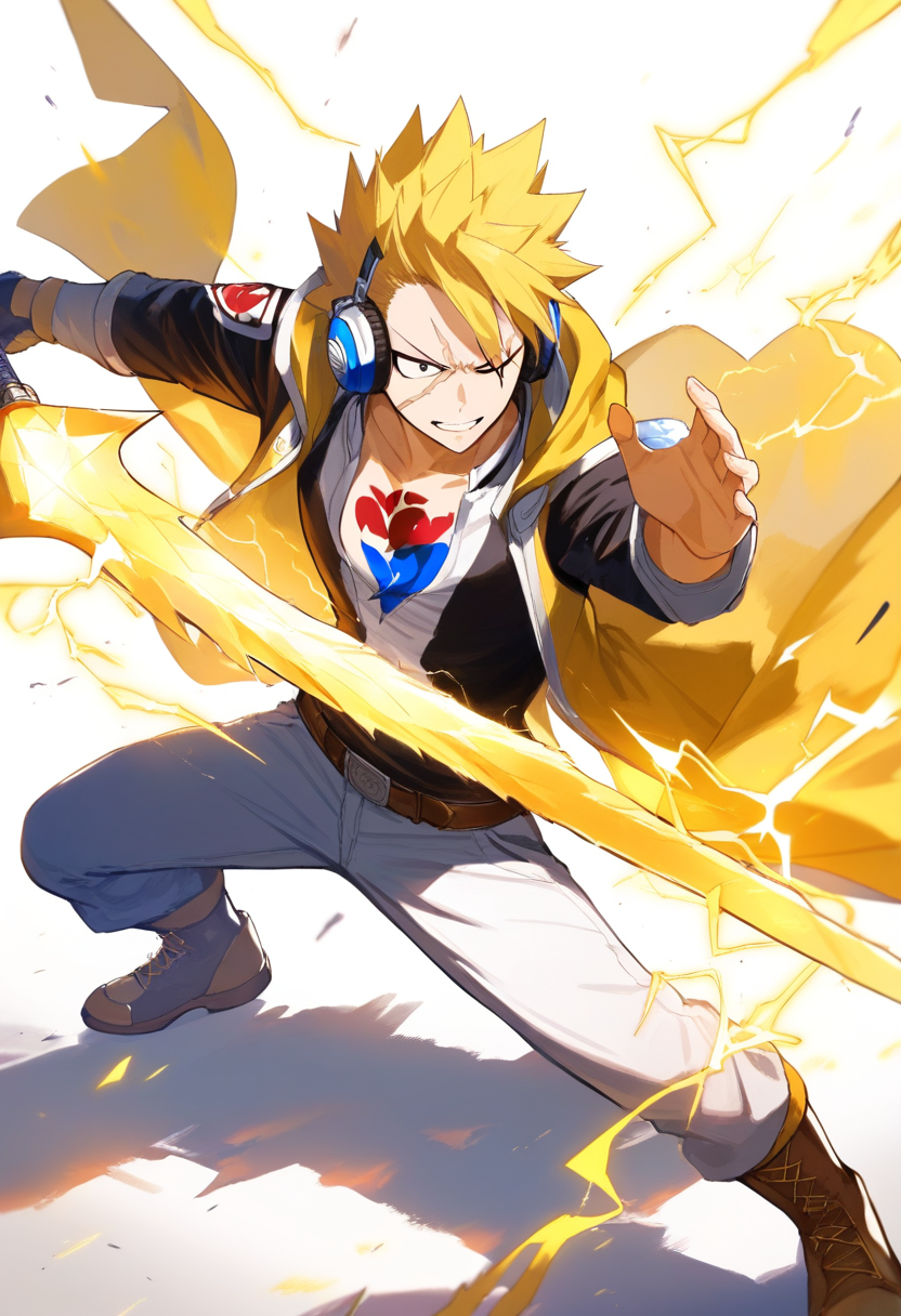 A lightning dragon slayer with crackling electricity, spiky blonde hair and headphones, scar across eye, aggressive stance