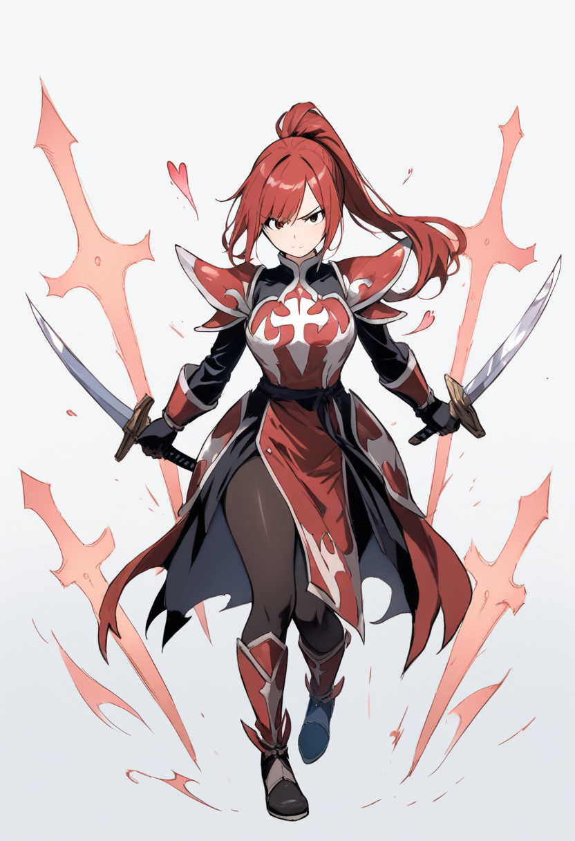 A requip mage with multiple floating swords, knight armor and long flowing purple hair, winged helmet and commanding pose