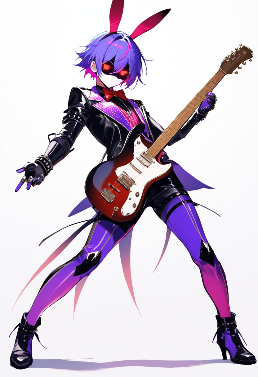 An animatronic boy with bunny ears, purple metallic body, red bow tie, guitar, rockstar outfit with glowing red eyes