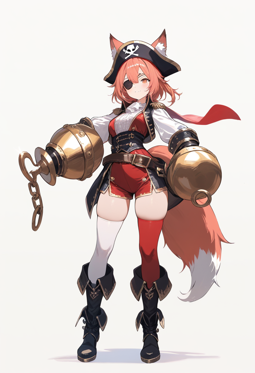 An animatronic girl with fox ears and tail, red and white metallic body, pirate hook hand and eyepatch, cute pirate outfit