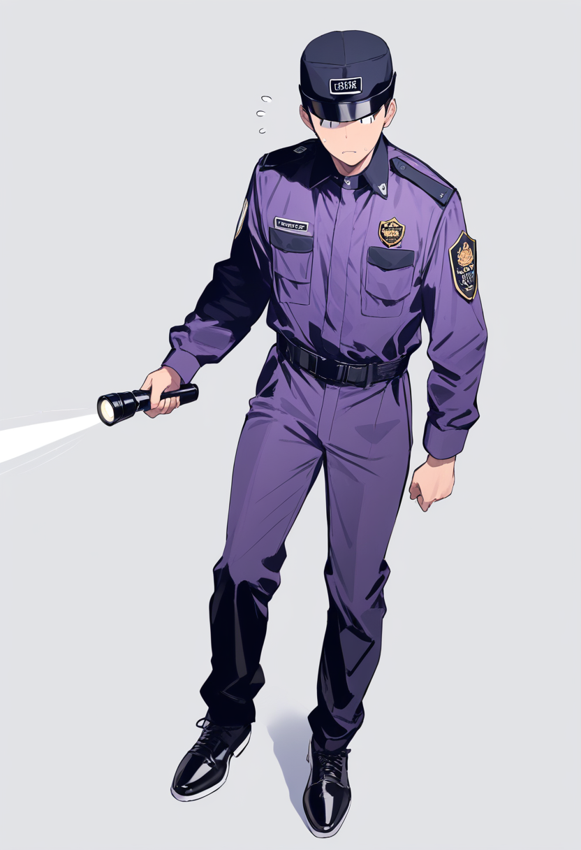 A security guard in purple uniform with flashlight in hand, badge on chest, nervous expression wearing a cap