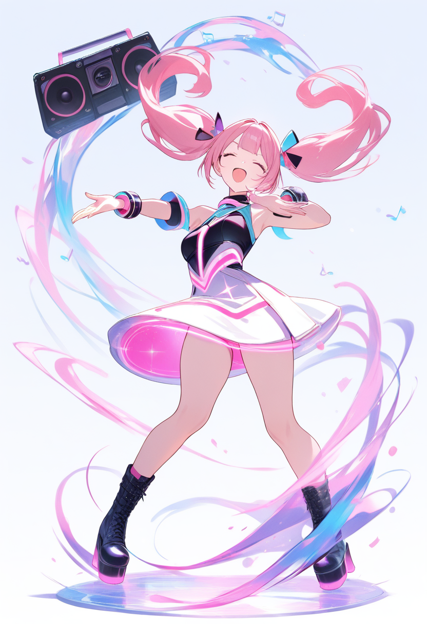 A rhythm game singer with pink twin tails, neon outfit and platform boots, boombox speaker and musical staff swirling