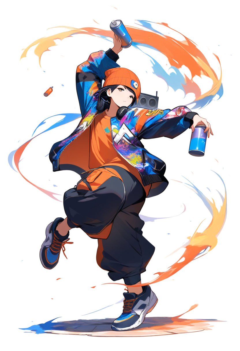 A street dancer with orange beanie, graffiti style jacket, boombox on shoulder, baggy pants and spray paint cans