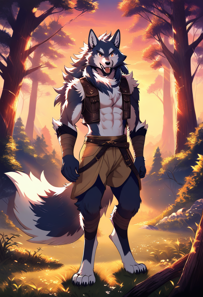 Anthro wolf with fluffy dark grey fur, big amber eyes, leather vest, toothy smile, standing in a forest clearing at sunset