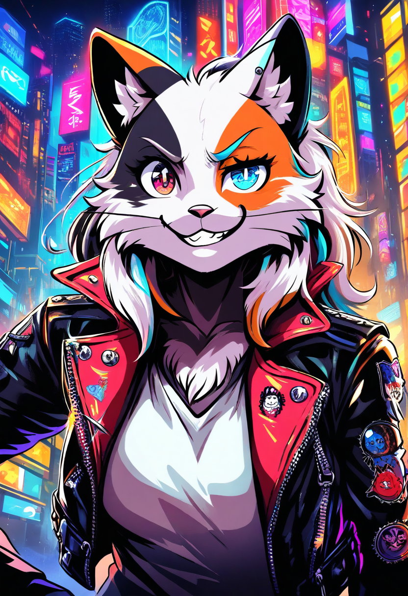Anthro calico cat girl with heterochromia eyes, punk leather jacket with pins, smug grin, neon city at night
