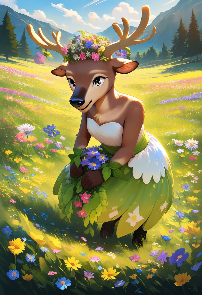 Gentle anthro deer with soft brown fur and white spots, flower crown, cottagecore dress, meadow with wildflowers