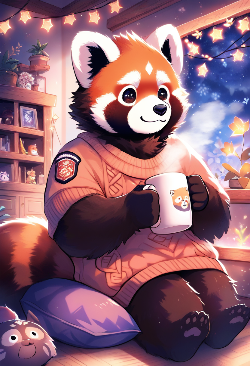 Anthro red panda with fluffy tail, cozy knitted sweater, holding a steaming mug, sitting by a bookshelf with fairy lights