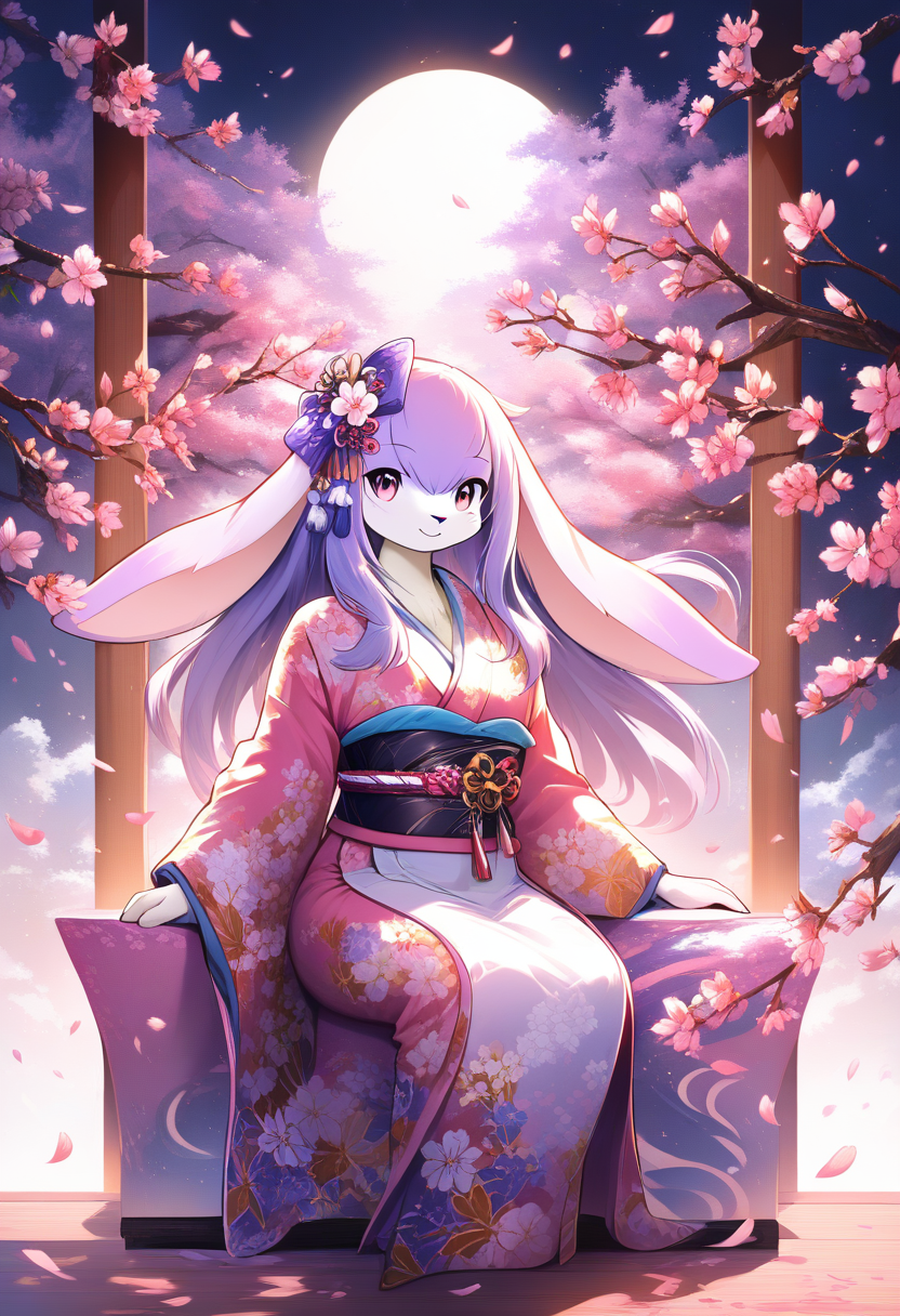 Elegant anthro rabbit with soft lavender fur, long floppy ears, floral kimono, cherry blossom garden under moonlight