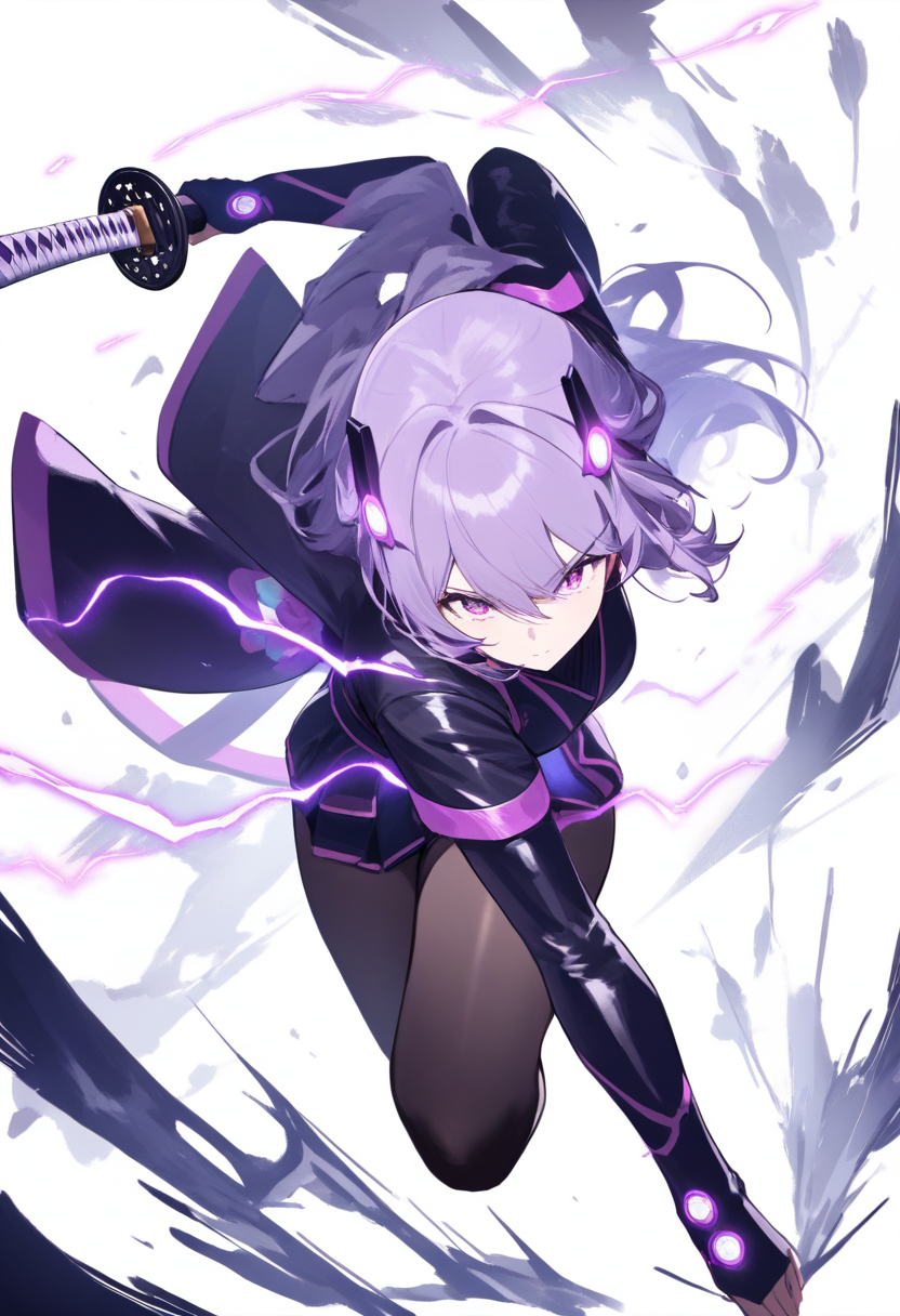 An electro vision bearer with short purple hair, purple and black outfit, lightning effects crackling around her katana