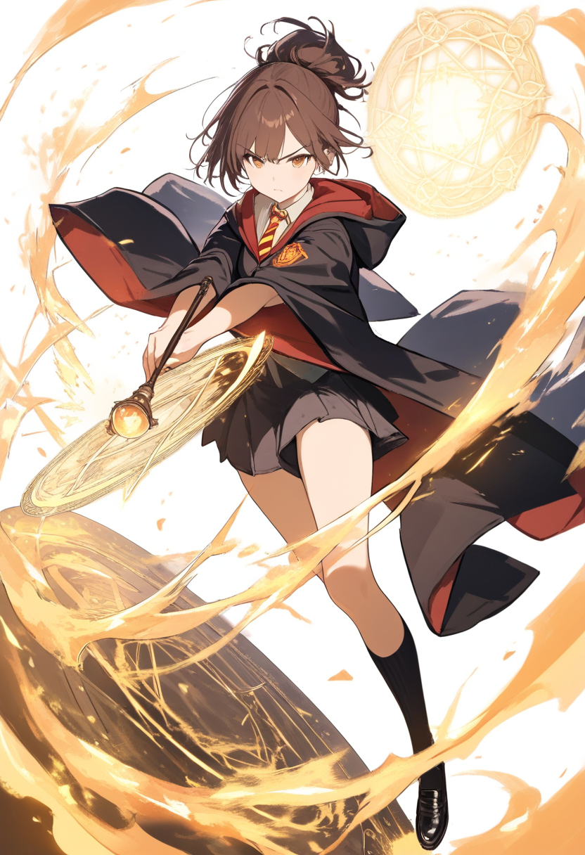 A Gryffindor student in Hogwarts robes with red and gold tie, casting a spell with wand raised, bushy brown hair and spell sparks