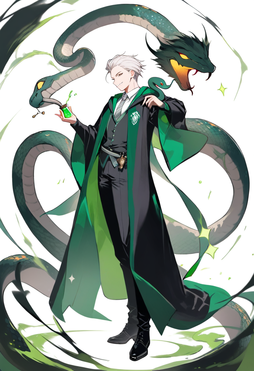 A Slytherin student with slicked back platinum hair, green and silver tie, holding a potion vial with a cunning smirk