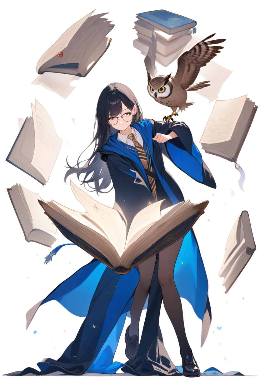 A Ravenclaw student in blue and bronze tie with floating books around her, long black hair, glasses, and an owl on her arm