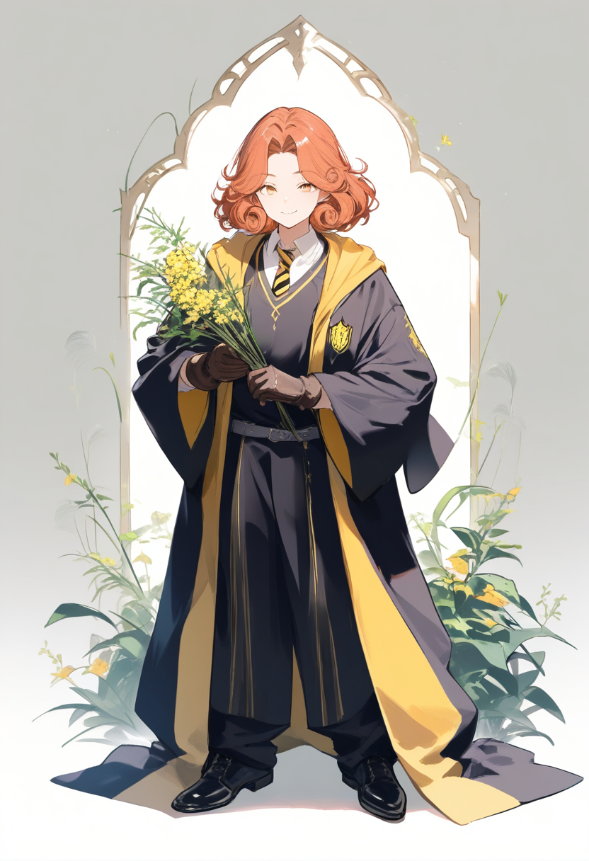 A Hufflepuff student with yellow and black tie, curly auburn hair, wearing herbology gloves and holding a magical plant
