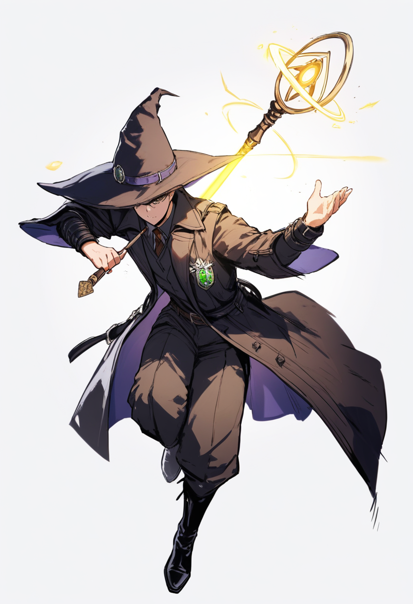 An Auror dark wizard hunter in a long dark coat wielding dual wands, battle scars and messy dark hair, shield charm glowing