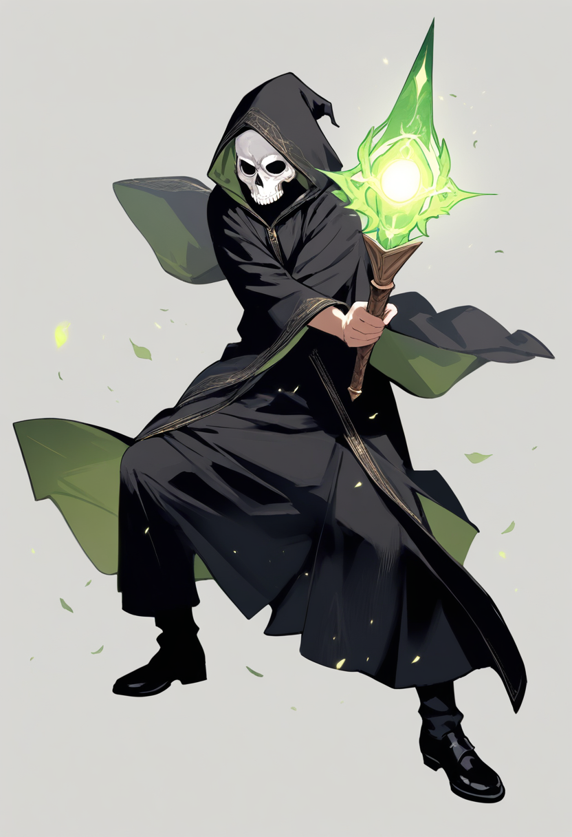 A dark arts wizard in black ornate robes with a dark magic aura, pale skin and sharp features, dramatic cape and imposing stance