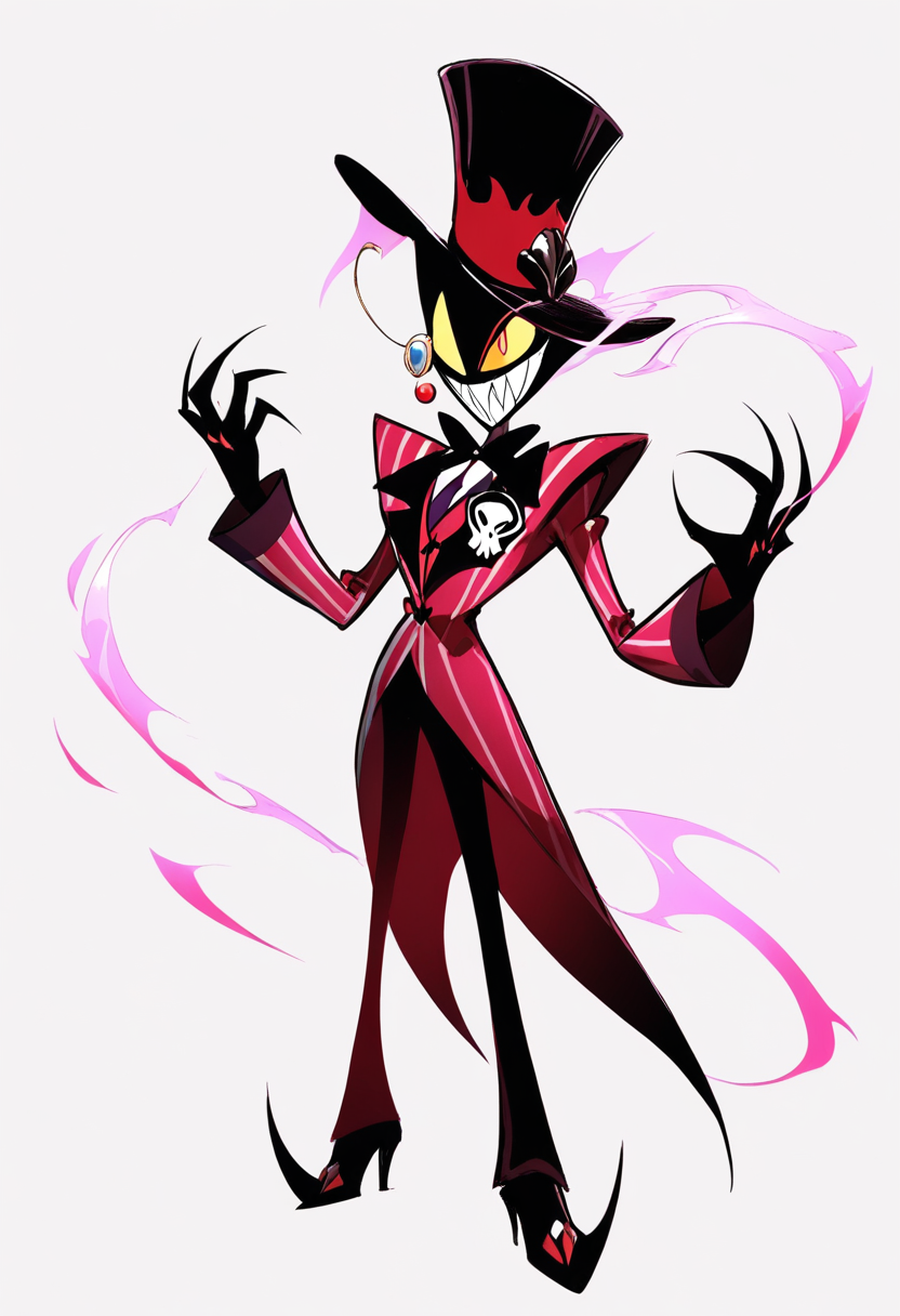 An overlord demon with top hat and skull emblem, pinstripe suit in dark purple, monocle, radio static aura, wide sinister grin