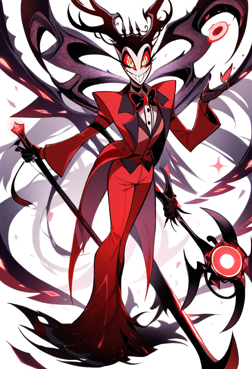 A deer demon with large antlers and glowing sigils, red eyes with radio dial pupils, dark red suit, microphone cane weapon