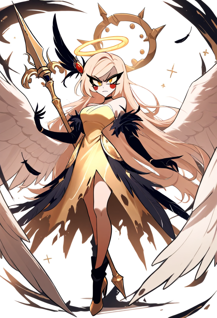 A fallen angel demon with tattered white wings and black feathers, cracked halo, golden eyes, white and gold dress, heavenly spear
