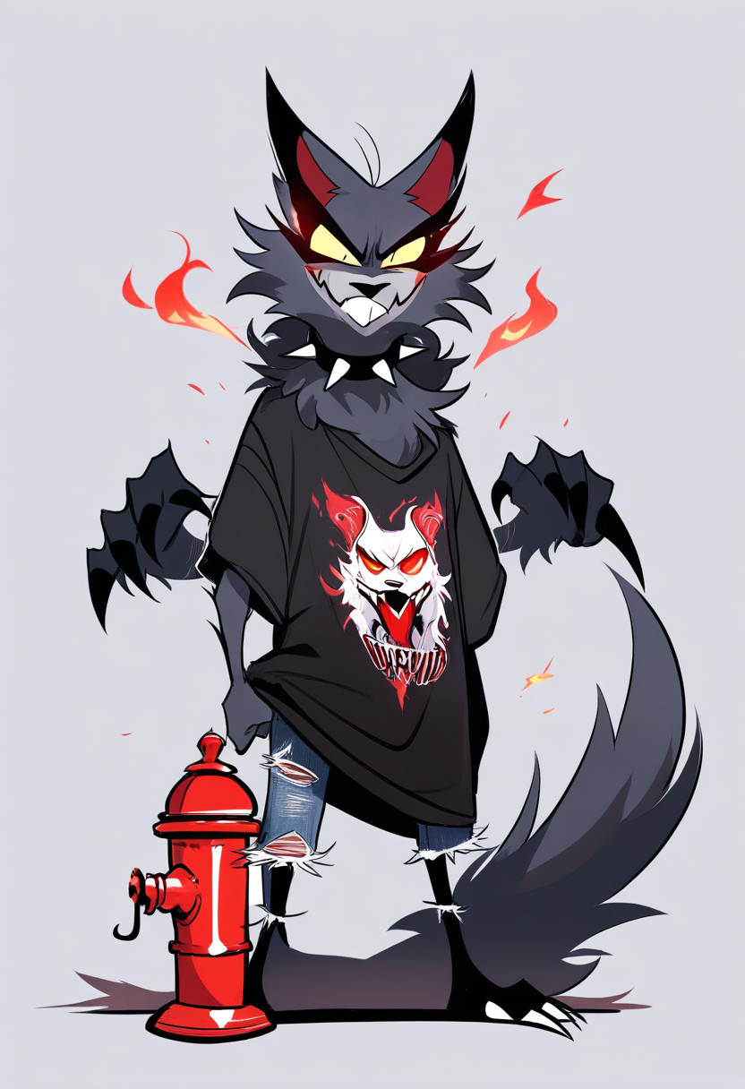 A hellhound demon with wolf-like features and dark grey fur, glowing red eyes, spiked collar, torn jeans and band t-shirt, sharp claws