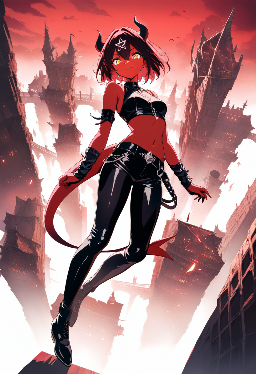An imp demon girl with bright red skin, small curved black horns, pointed tail, yellow eyes, sharp fangs, black crop top in pentagram city
