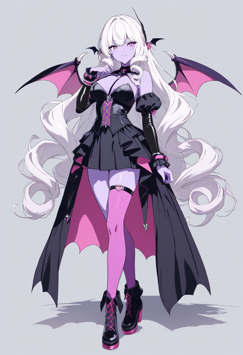 A succubus demon with purple skin, bat wings, long curly white hair, gothic outfit with neon pink accents in a hell nightclub