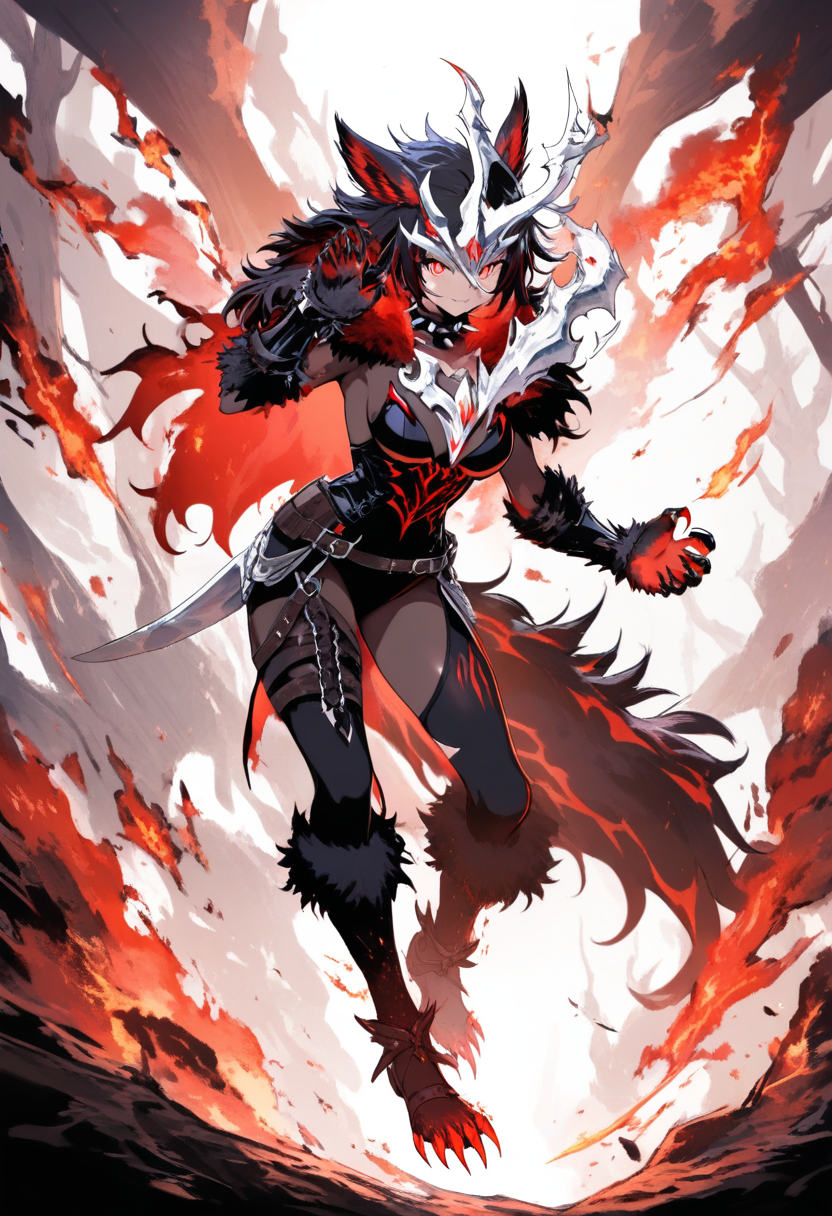 A hellhound girl with black fur and white spots, glowing red eyes, sharp claws, spiked collar, wild silver mane in a burning forest