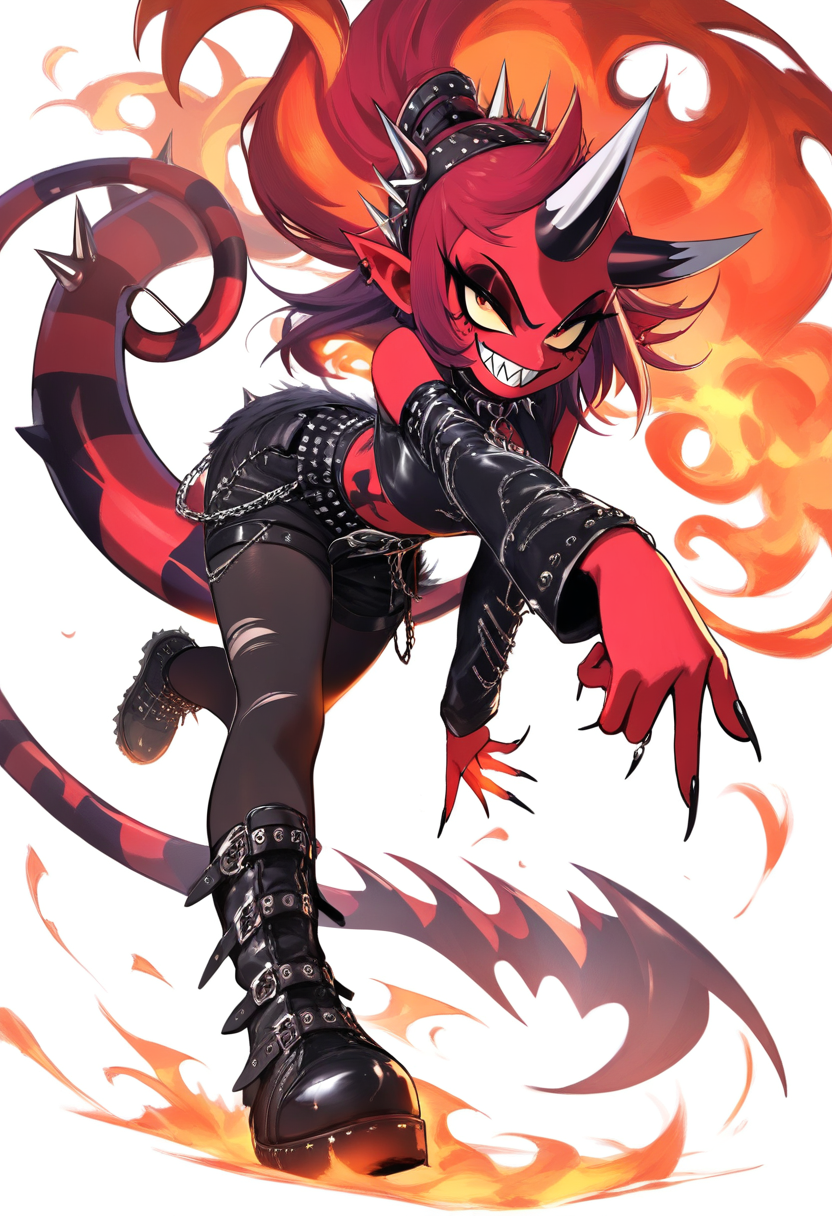 A snake demon girl with green scaled skin, slit-pupil golden eyes, long dark hair, elegant black dress in an abyssal throne room