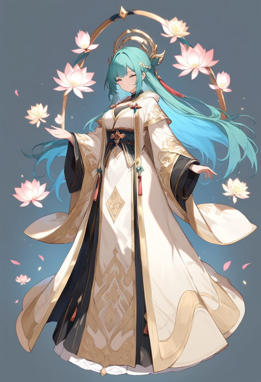 A harmony path healer in white and gold robes, long teal hair, healing aura with floating lotus petals in a serene pose