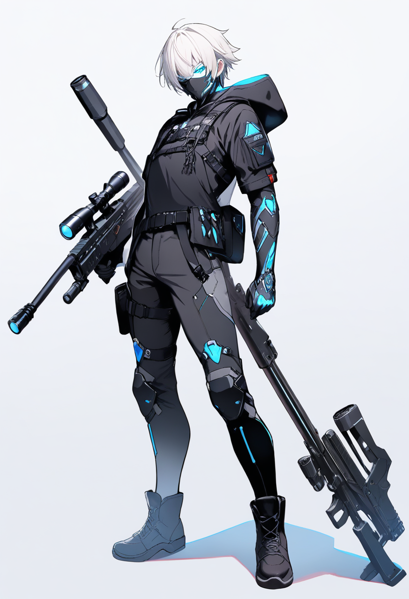 A hunt path character in dark tactical outfit, short white hair, sniper rifle, cybernetic eye in a cool standing pose